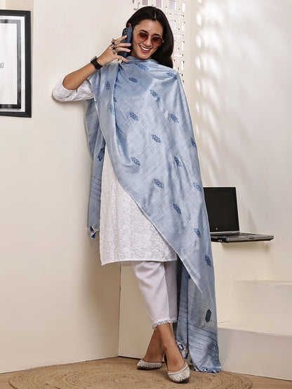Dupatta-Cotton Silk - Blue All Over Buti