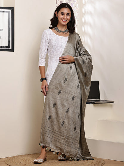 Dupatta-Cotton Silk - Olive Green All Over Buti
