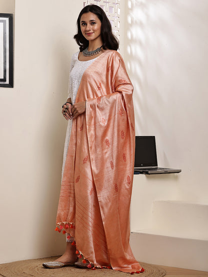 Dupatta-Cotton Silk - Orange All Over Buti