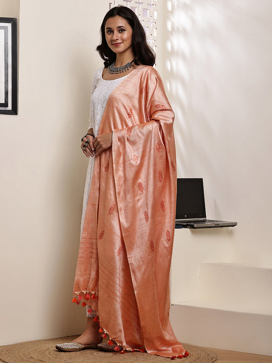 Dupatta-Cotton Silk - Orange All Over Buti