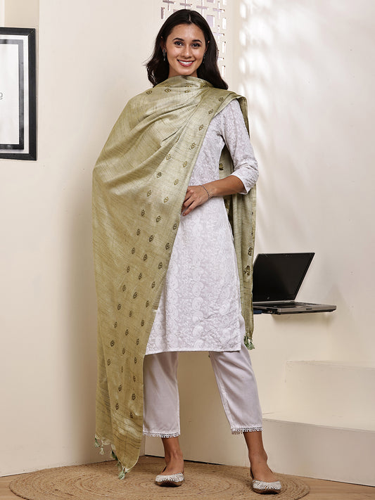 Dupatta-Cotton Silk - Green Border Buti