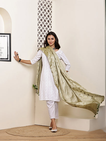 Dupatta-Cotton Silk - Green Border Buti