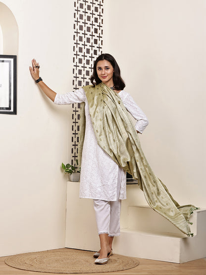 Dupatta-Cotton Silk - Green Border Buti