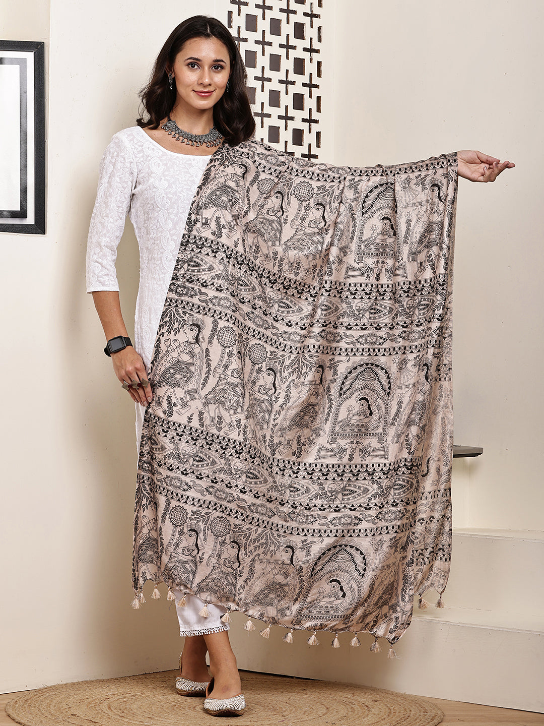 Dupatta-Bhagalpuri Katan - Madhubani Black All over