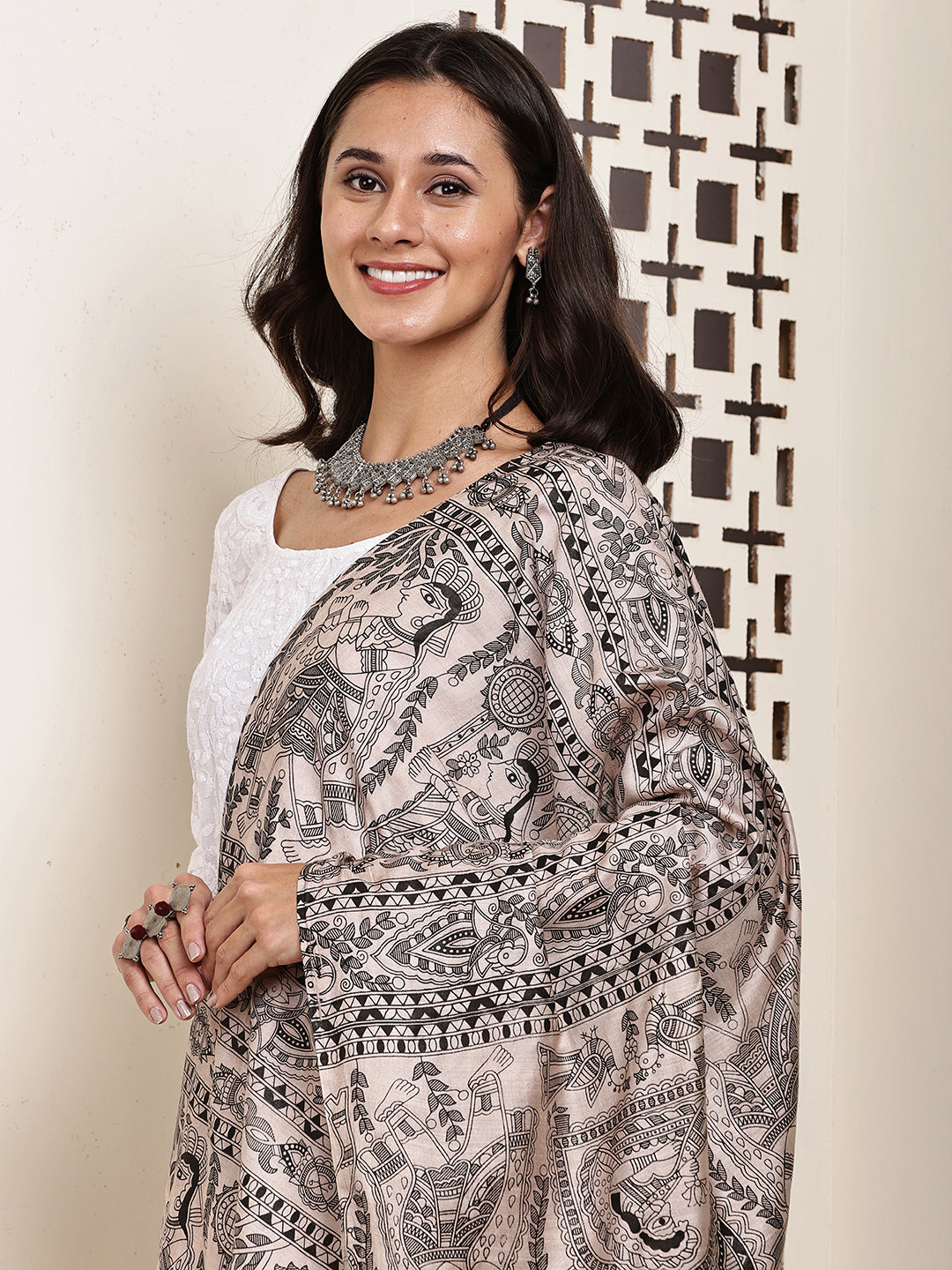 Dupatta-Bhagalpuri Katan - Madhubani Black All over