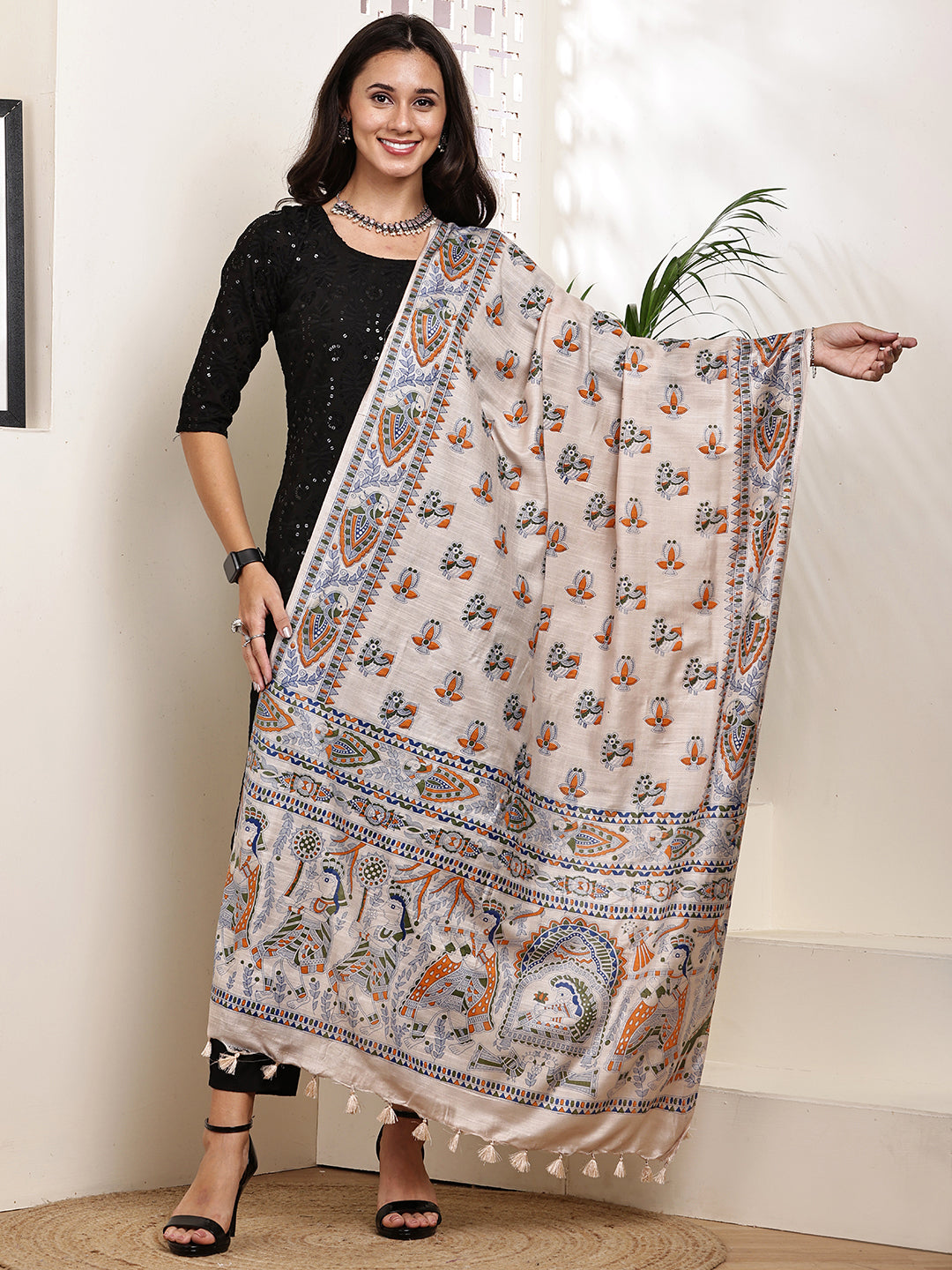 Dupatta-Bhagalpuri Katan - Madhubani Orange+Green Mayur Buti