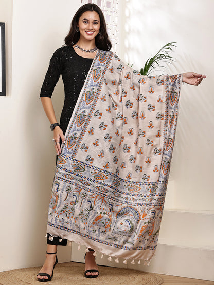 Dupatta-Bhagalpuri Katan - Madhubani Orange+Green Mayur Buti
