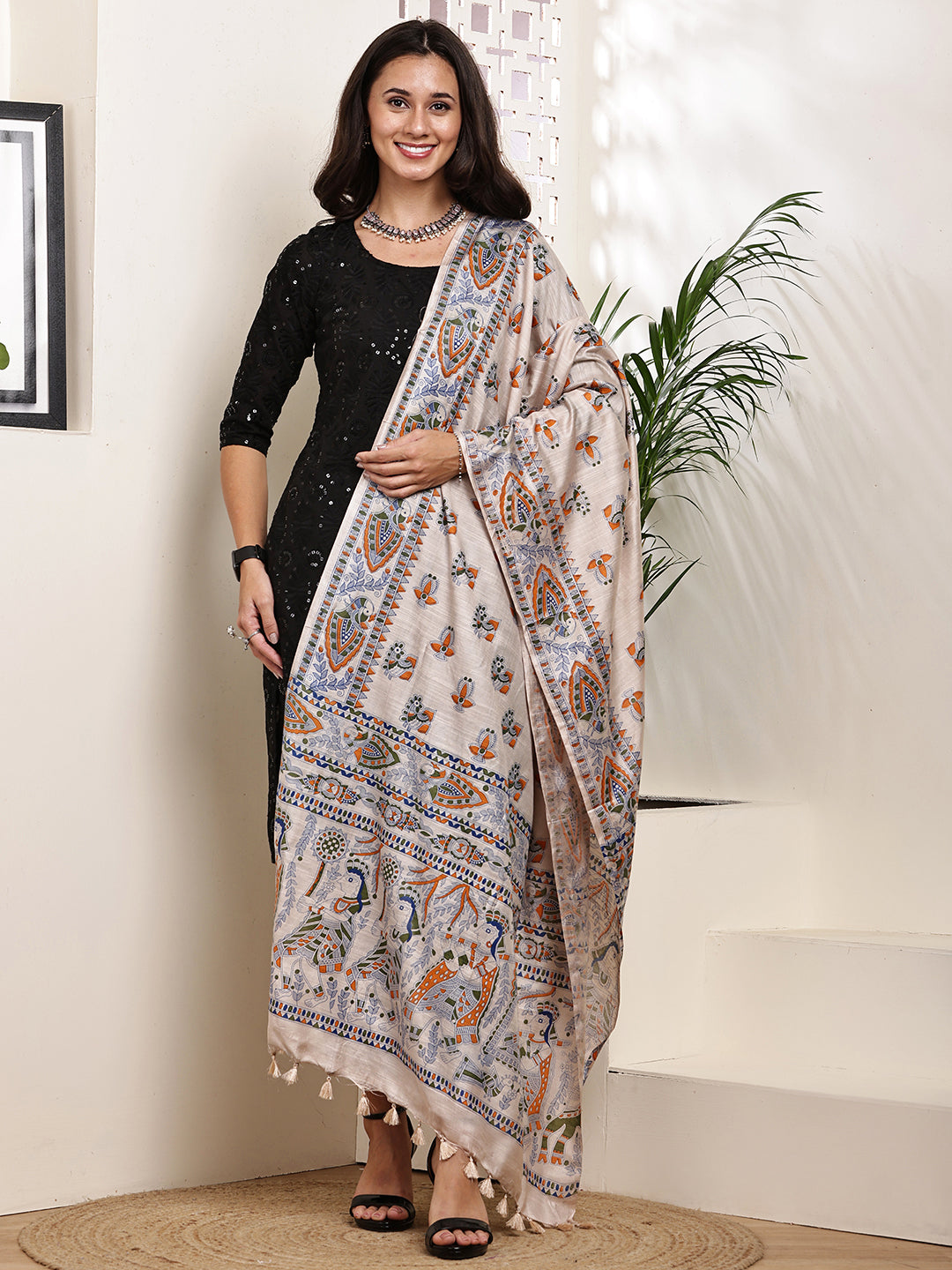 Dupatta-Bhagalpuri Katan - Madhubani Orange+Green Mayur Buti