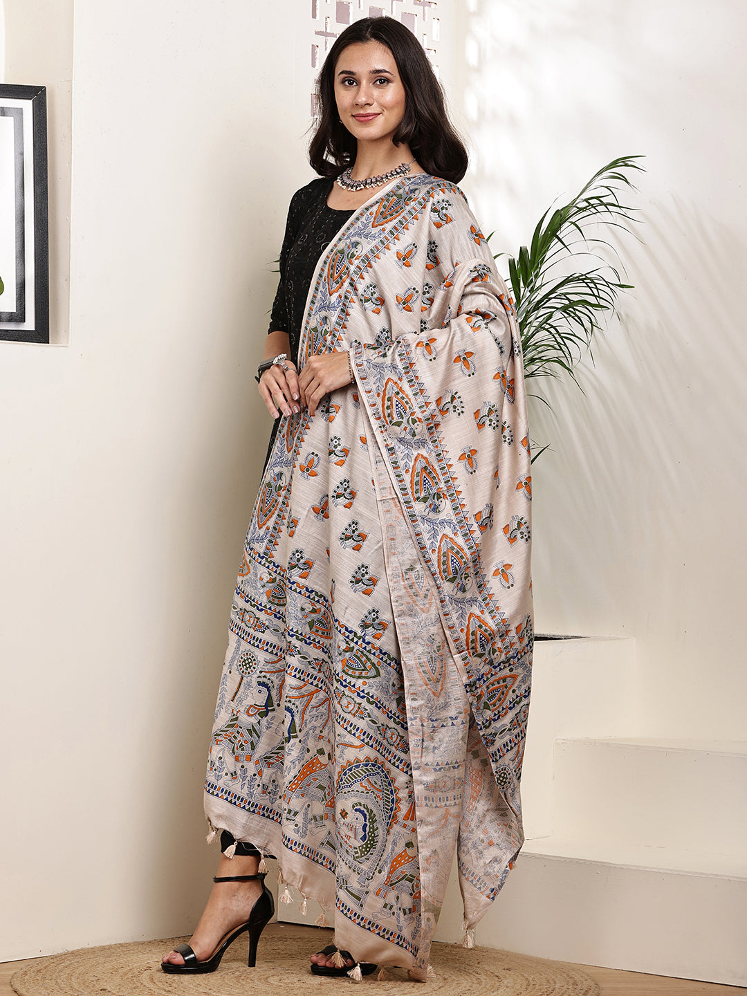 Dupatta-Bhagalpuri Katan - Madhubani Orange+Green Mayur Buti