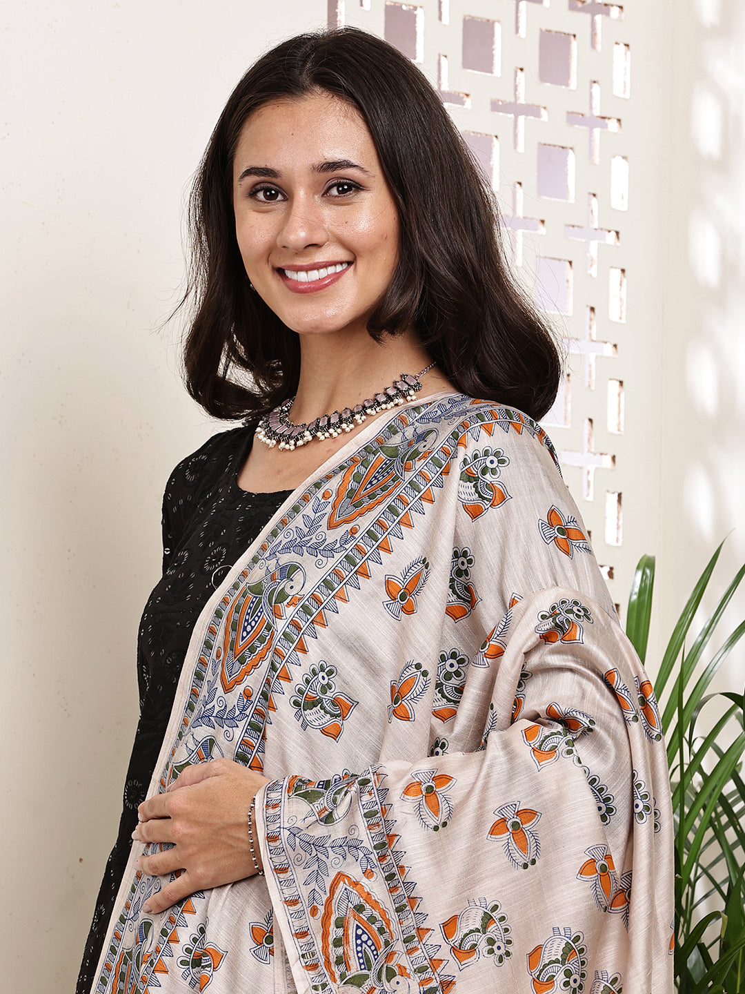Dupatta-Bhagalpuri Katan - Madhubani Orange+Green Mayur Buti