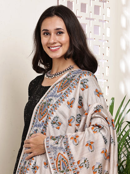 Dupatta-Bhagalpuri Katan - Madhubani Orange+Green Mayur Buti