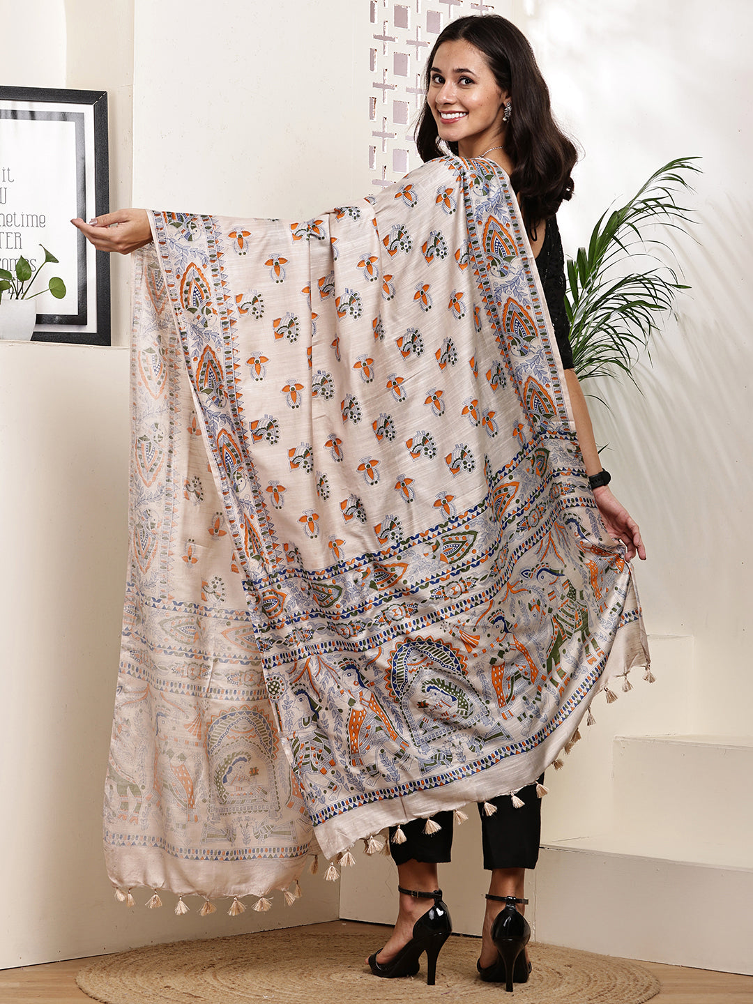 Dupatta-Bhagalpuri Katan - Madhubani Orange+Green Mayur Buti