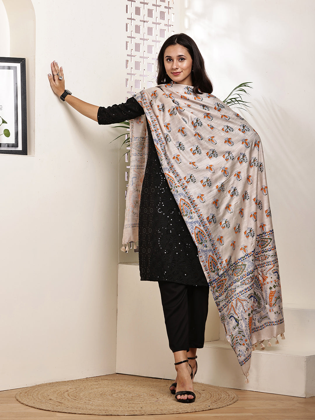 Dupatta-Bhagalpuri Katan - Madhubani Orange+Green Mayur Buti