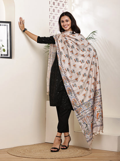 Dupatta-Bhagalpuri Katan - Madhubani Orange+Green Mayur Buti