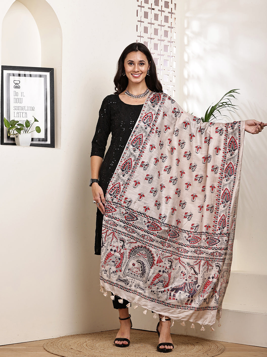 Dupatta-Bhagalpuri Katan - Madhubani Black+Red Mayur