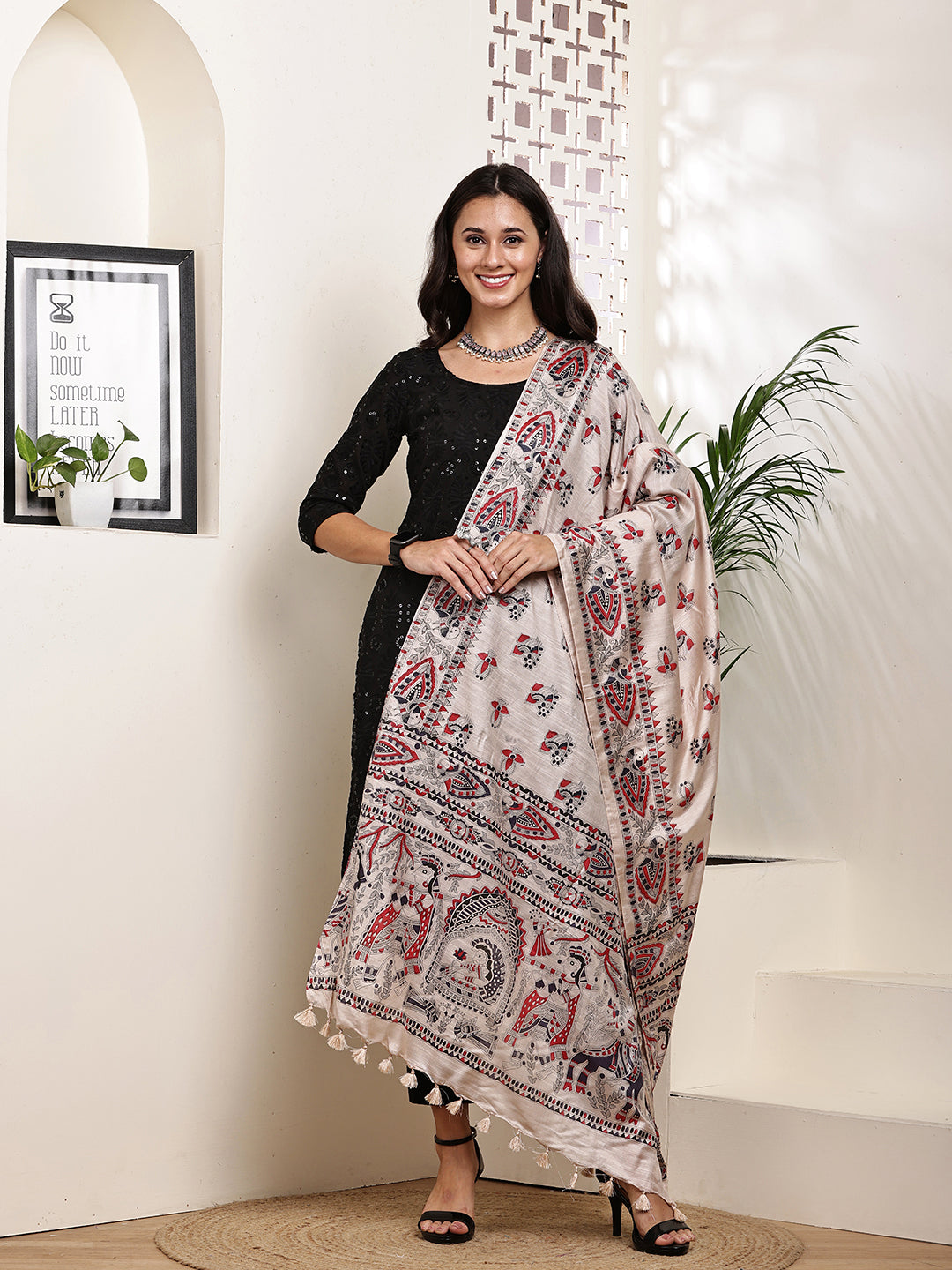 Dupatta-Bhagalpuri Katan - Madhubani Black+Red Mayur