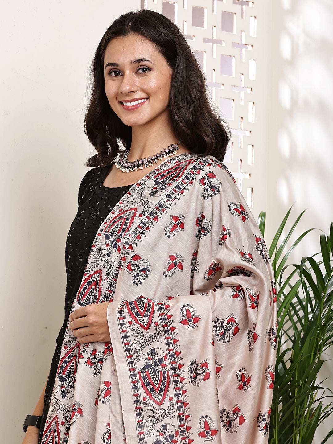 Dupatta-Bhagalpuri Katan - Madhubani Black+Red Mayur