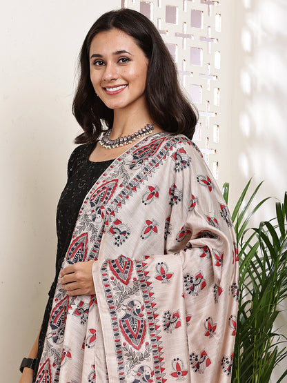 Dupatta-Bhagalpuri Katan - Madhubani Black+Red Mayur