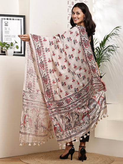 Dupatta-Bhagalpuri Katan - Madhubani Black+Red Mayur