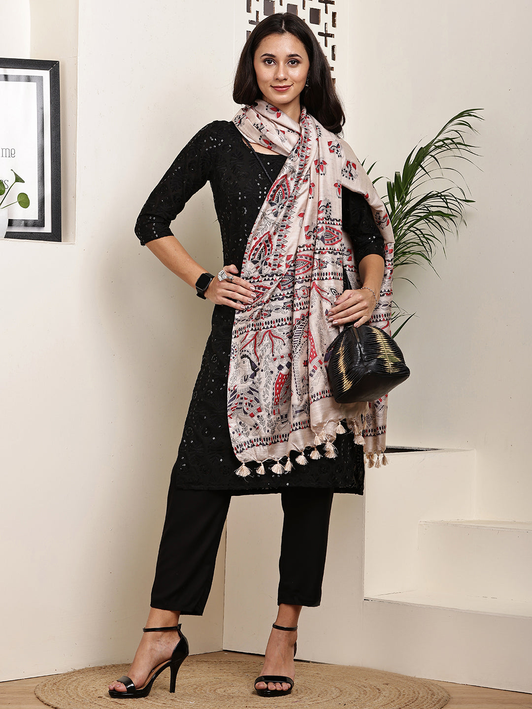 Dupatta-Bhagalpuri Katan - Madhubani Black+Red Mayur