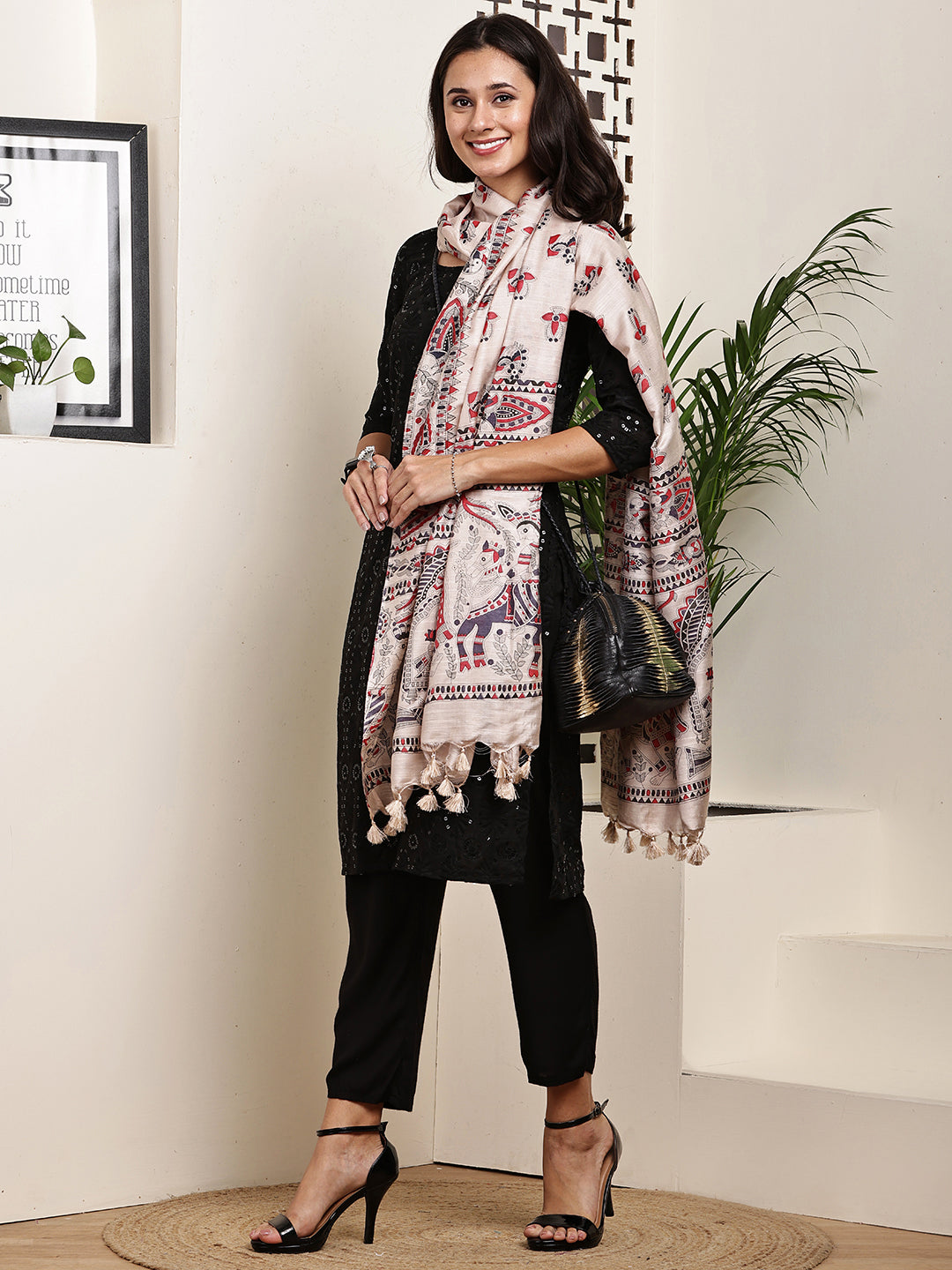 Dupatta-Bhagalpuri Katan - Madhubani Black+Red Mayur