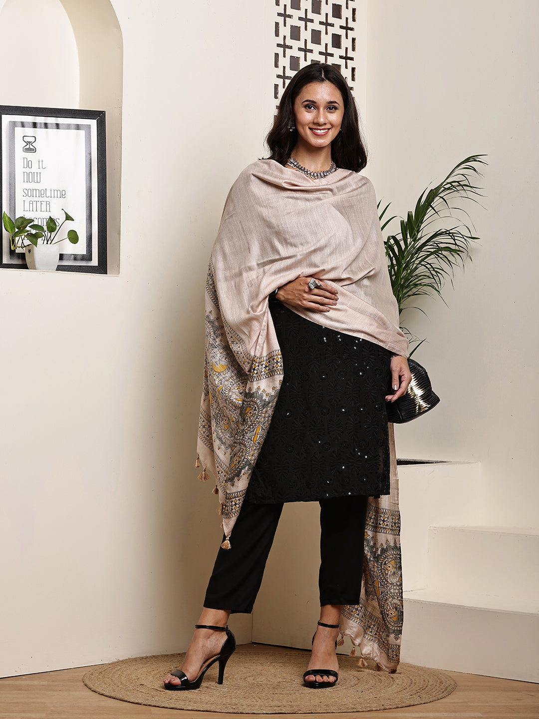Dupatta-Bhagalpuri Katan - Madhubani Yellow + Olive Green Fish Pallu