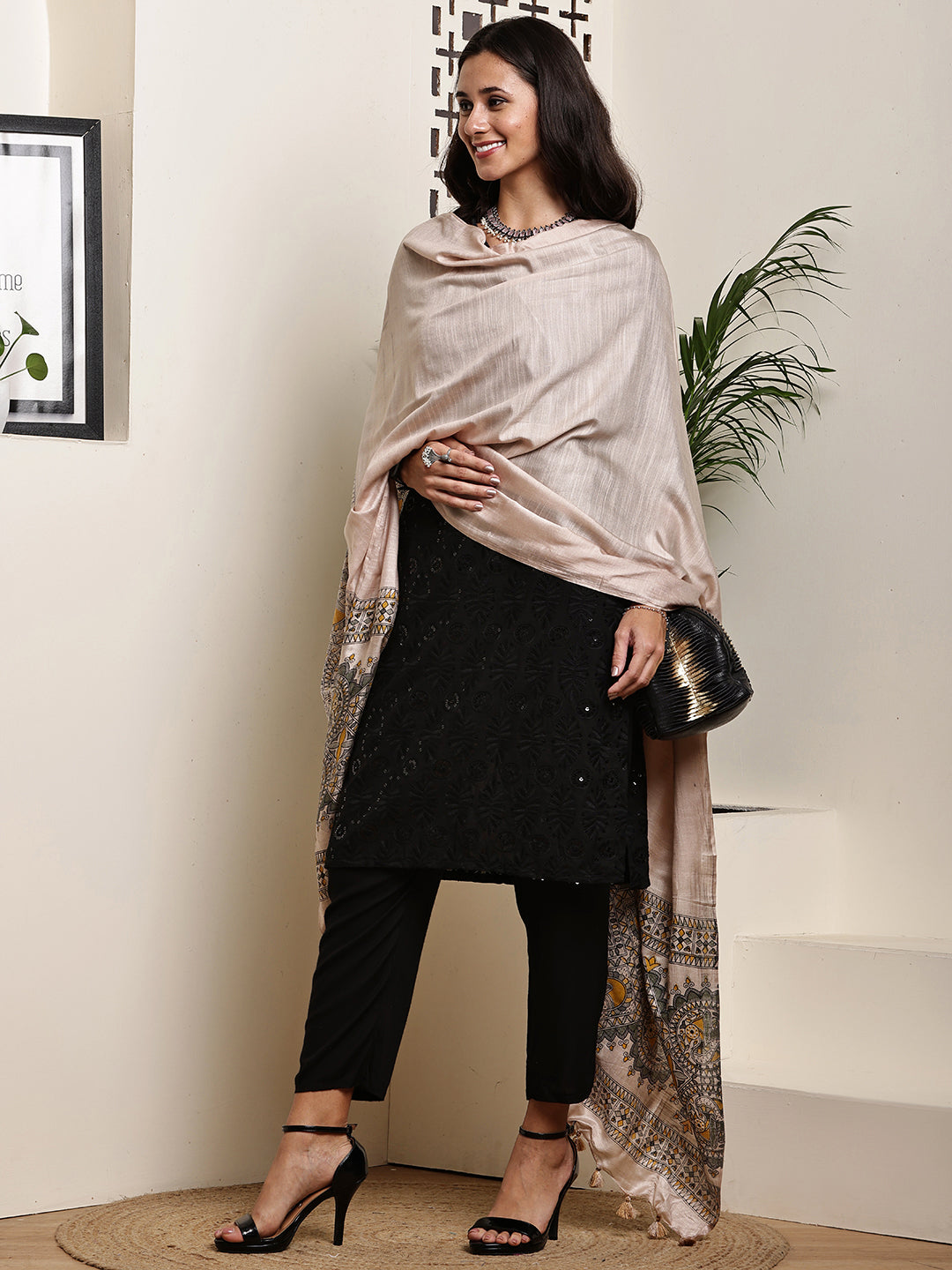 Dupatta-Bhagalpuri Katan - Madhubani Yellow + Olive Green Fish Pallu