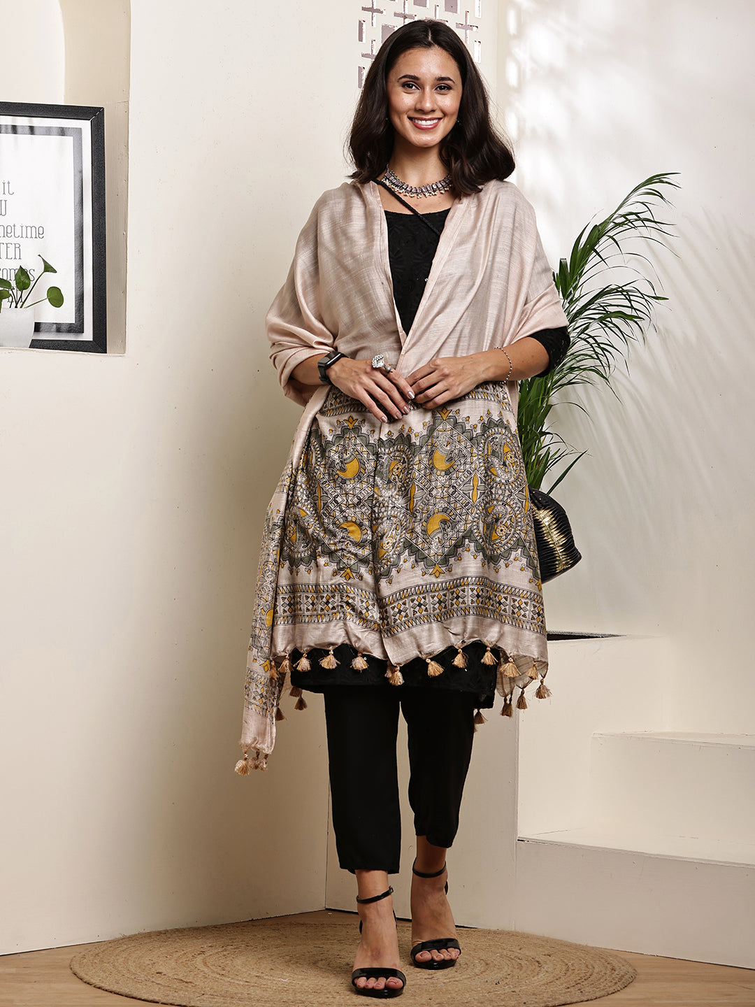 Dupatta-Bhagalpuri Katan - Madhubani Yellow + Olive Green Fish Pallu