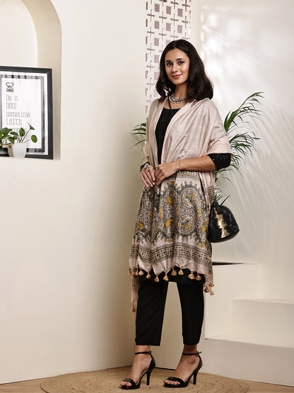 Dupatta-Bhagalpuri Katan - Madhubani Yellow + Olive Green Fish Pallu