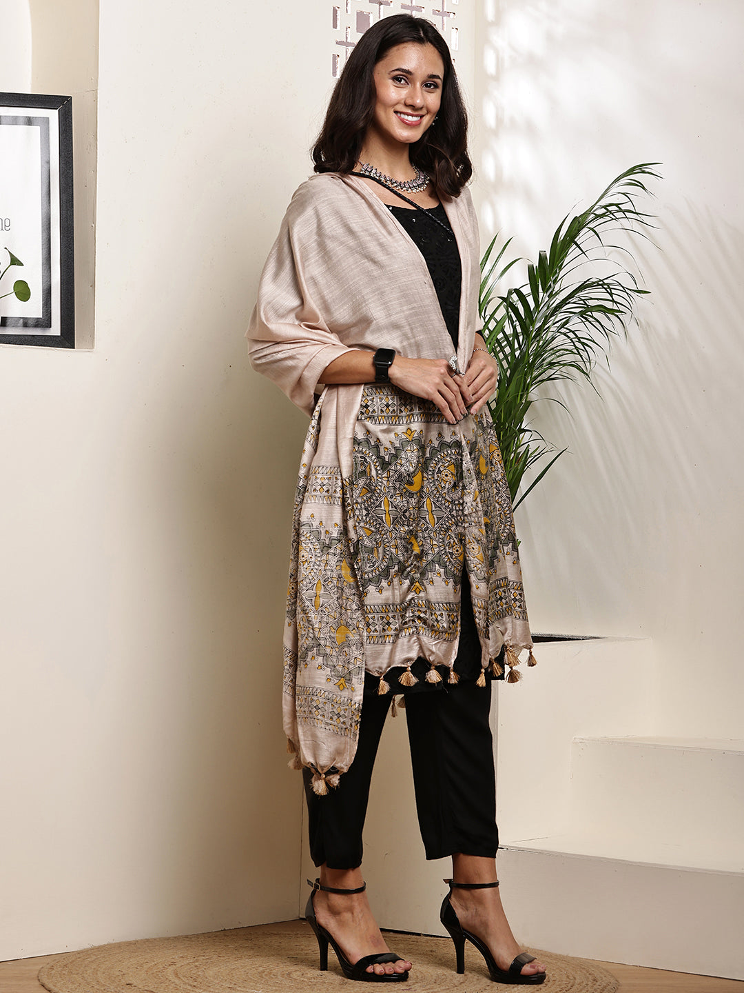 Dupatta-Bhagalpuri Katan - Madhubani Yellow + Olive Green Fish Pallu