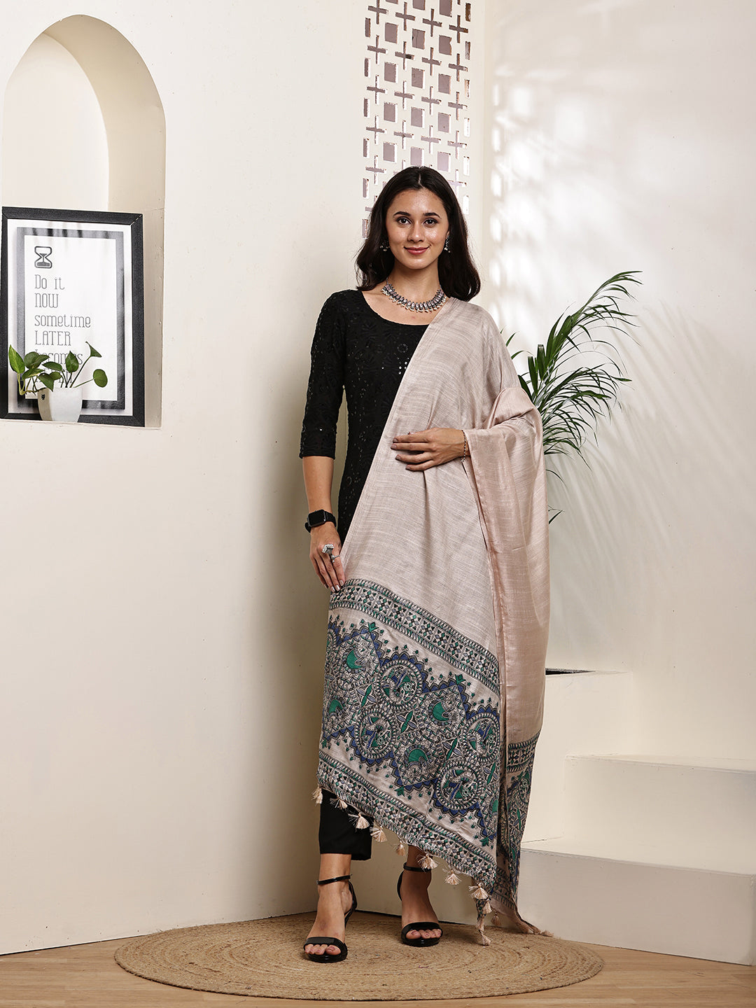 Dupatta-Bhagalpuri Katan - Madhubani Green+Blue Fish Pallu