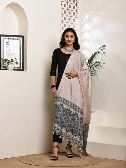 Dupatta-Bhagalpuri Katan - Madhubani Green+Blue Fish Pallu