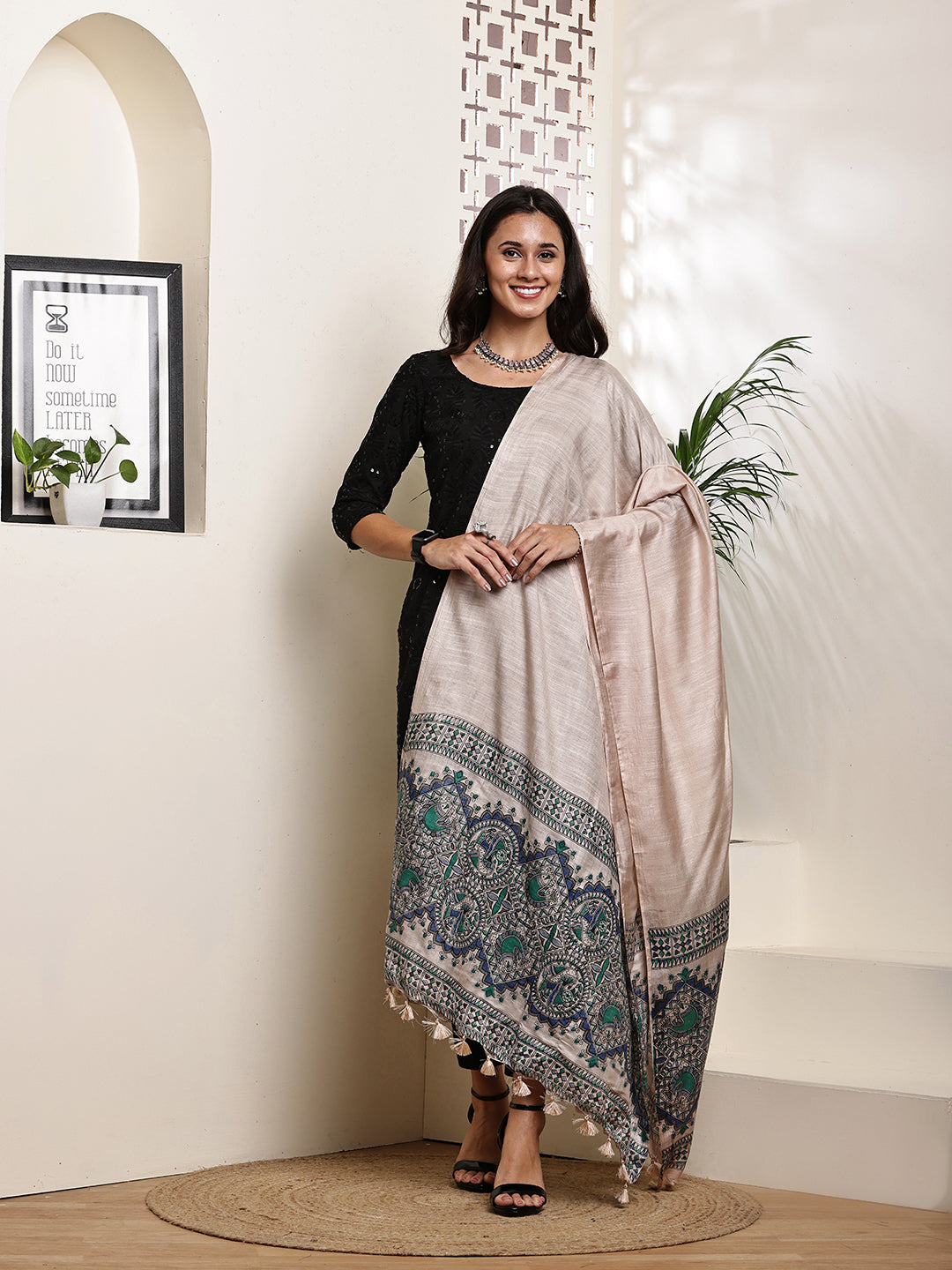 Dupatta-Bhagalpuri Katan - Madhubani Green+Blue Fish Pallu
