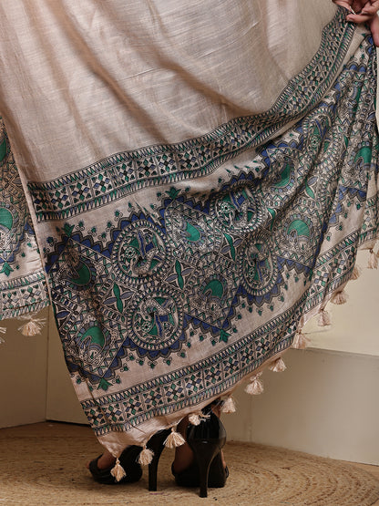 Dupatta-Bhagalpuri Katan - Madhubani Green+Blue Fish Pallu