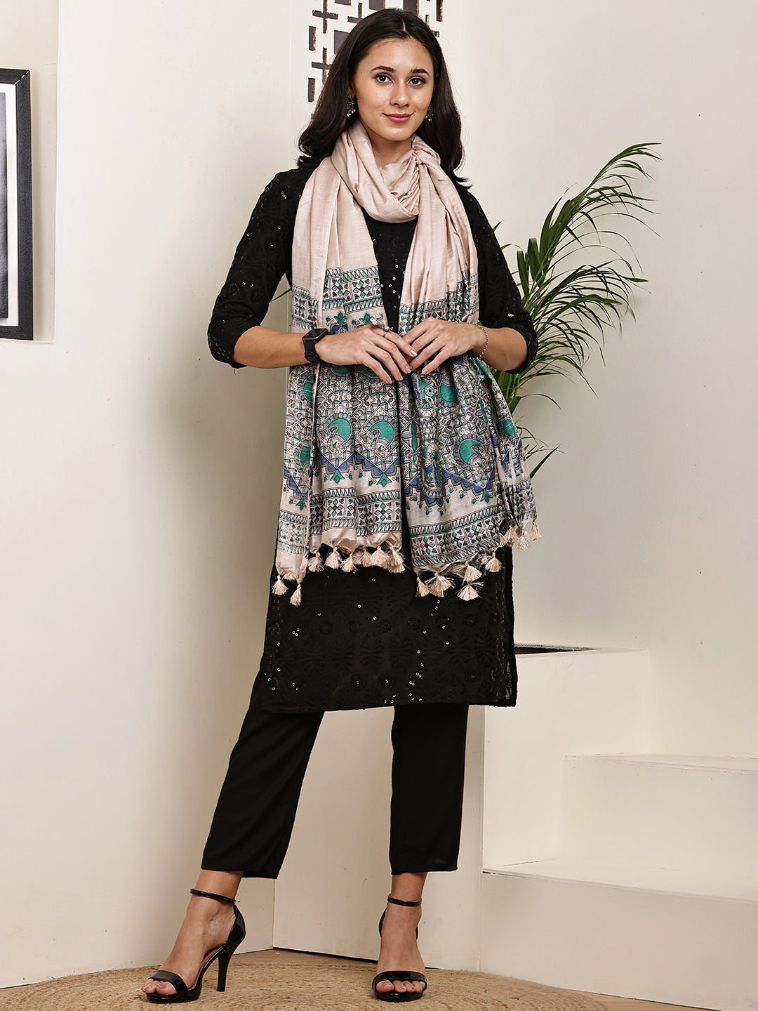 Dupatta-Bhagalpuri Katan - Madhubani Green+Blue Fish Pallu