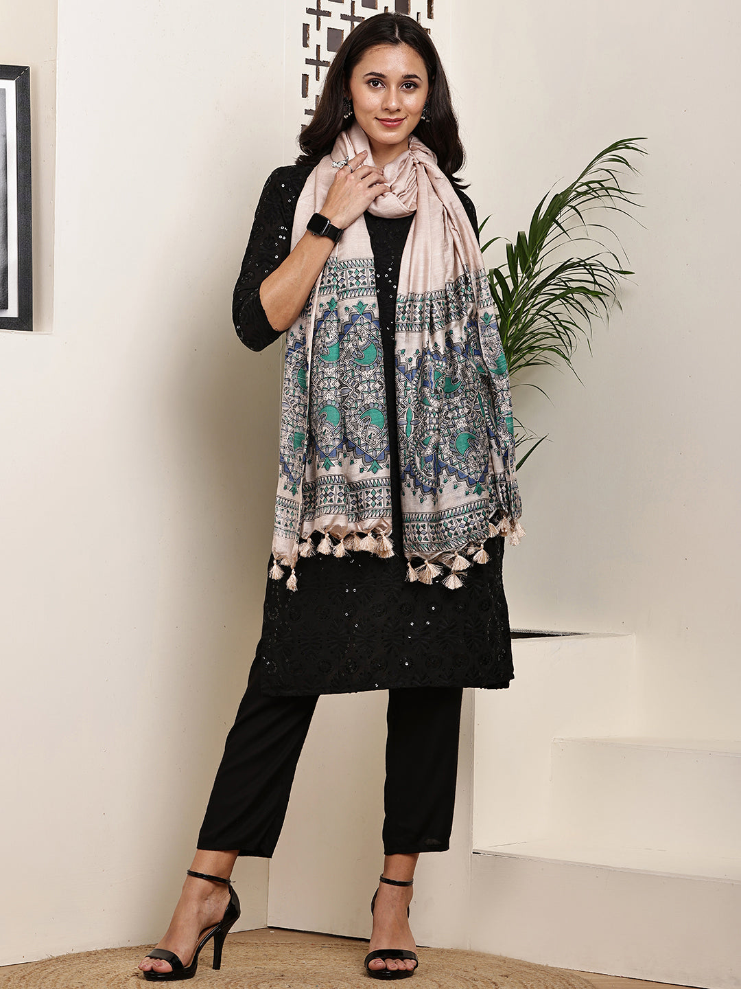 Dupatta-Bhagalpuri Katan - Madhubani Green+Blue Fish Pallu