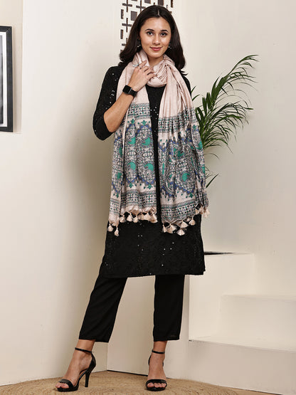 Dupatta-Bhagalpuri Katan - Madhubani Green+Blue Fish Pallu