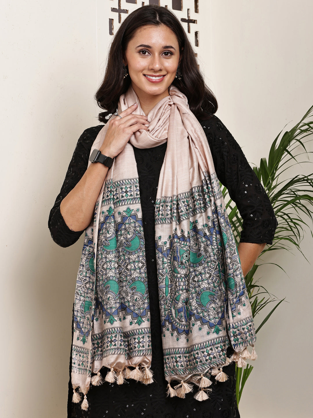 Dupatta-Bhagalpuri Katan - Madhubani Green+Blue Fish Pallu