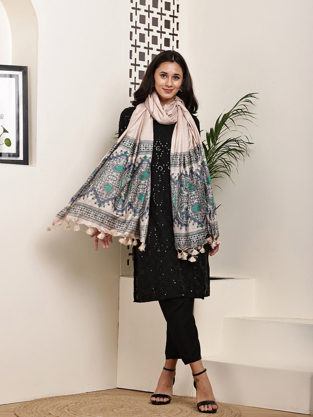 Dupatta-Bhagalpuri Katan - Madhubani Green+Blue Fish Pallu