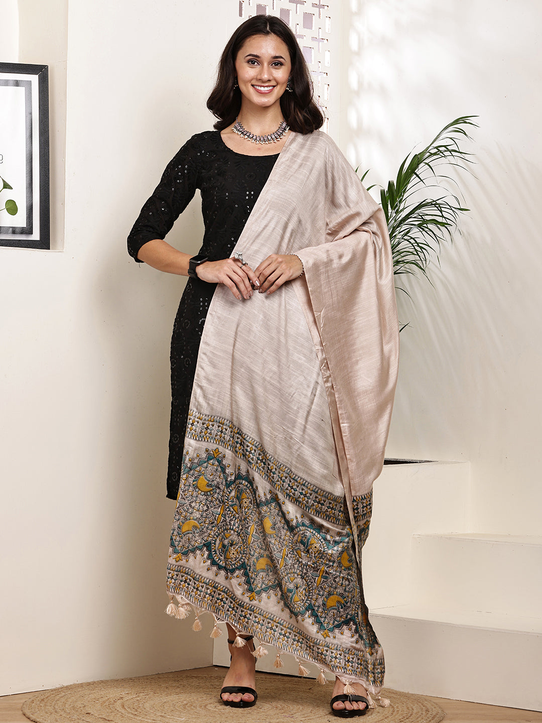 Dupatta-Bhagalpuri Katan - Madhubani Yellow+Blue Fish Pallu