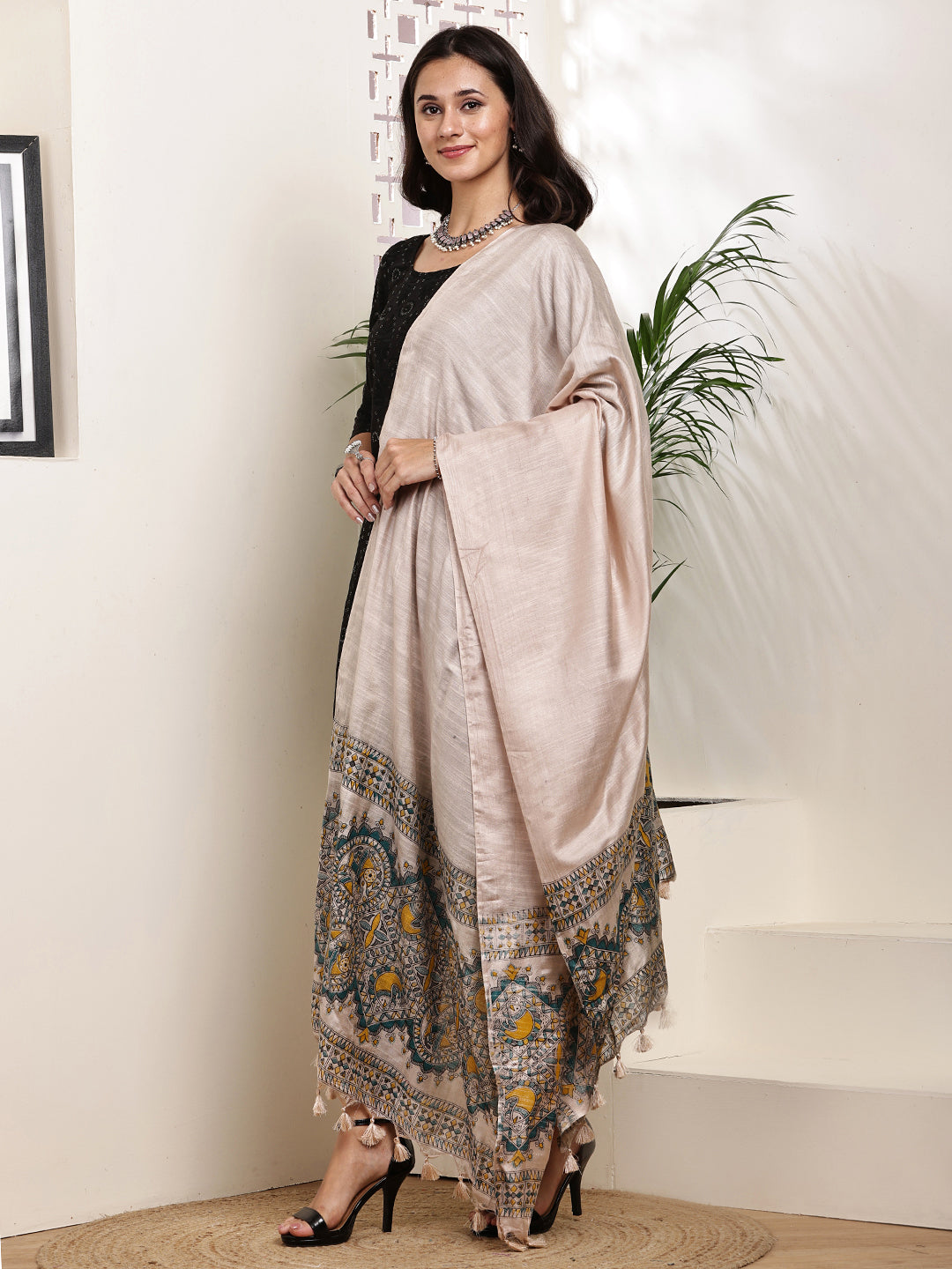 Dupatta-Bhagalpuri Katan - Madhubani Yellow+Blue Fish Pallu