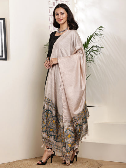 Dupatta-Bhagalpuri Katan - Madhubani Yellow+Blue Fish Pallu