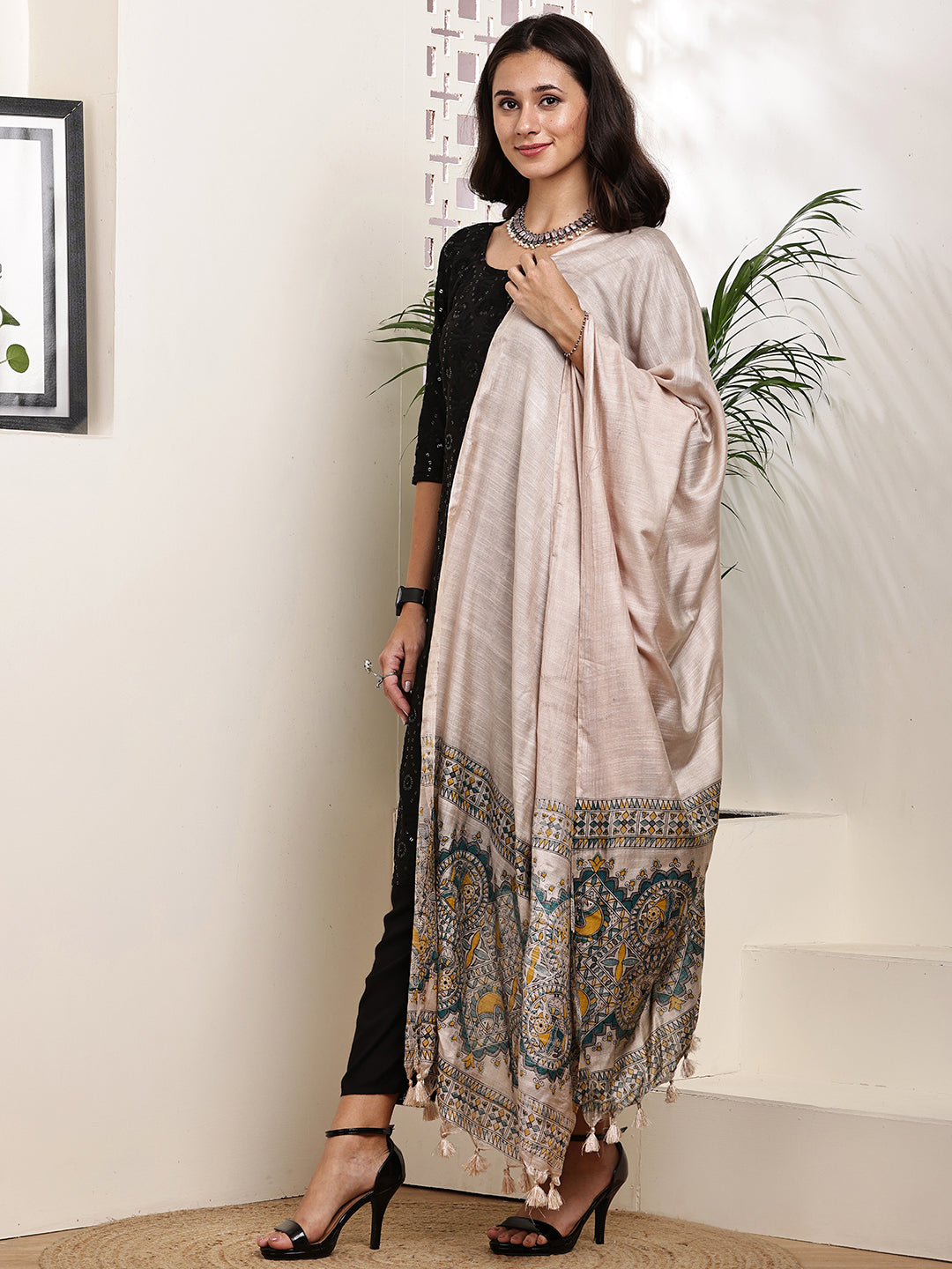 Dupatta-Bhagalpuri Katan - Madhubani Yellow+Blue Fish Pallu