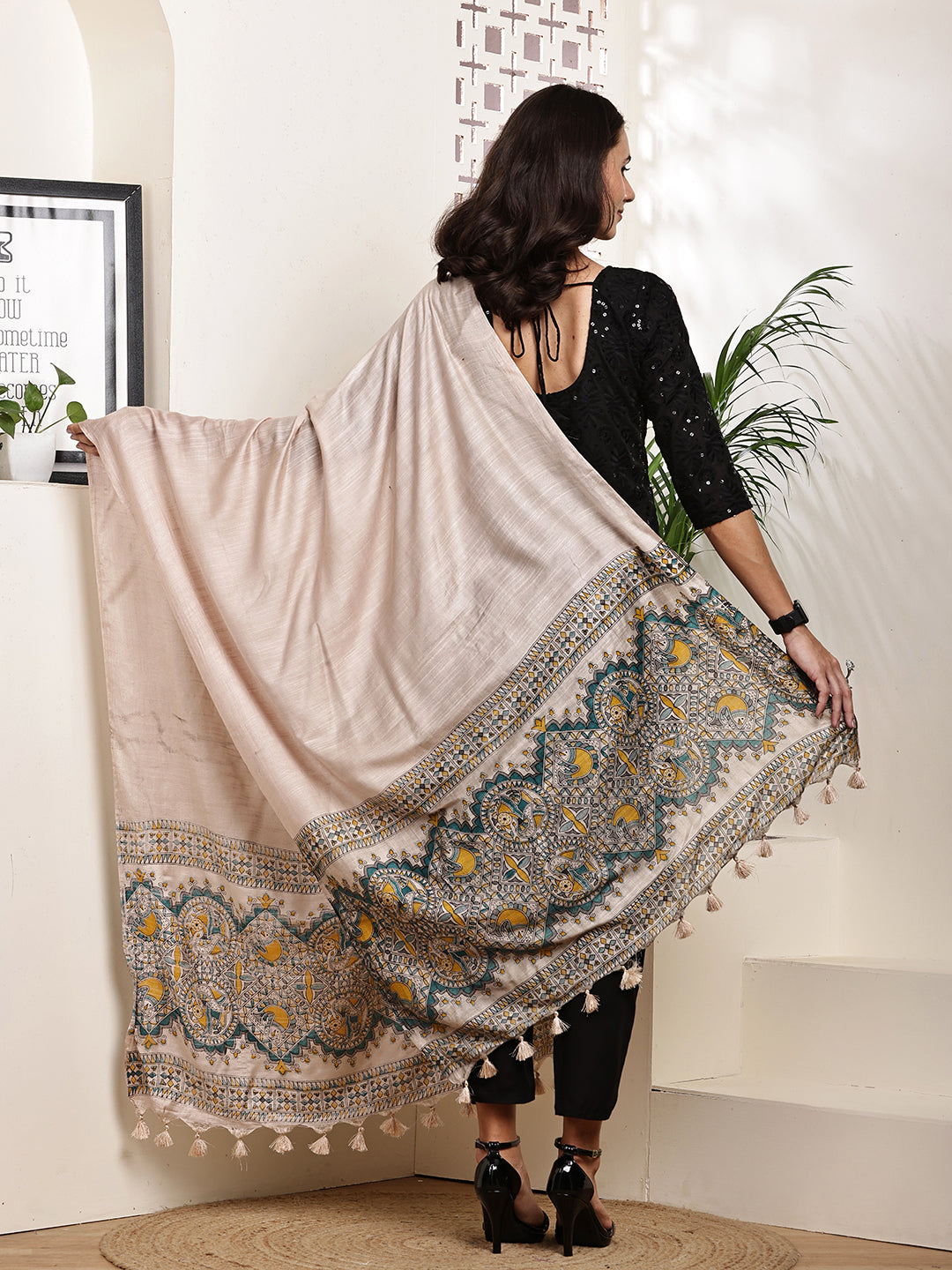 Dupatta-Bhagalpuri Katan - Madhubani Yellow+Blue Fish Pallu