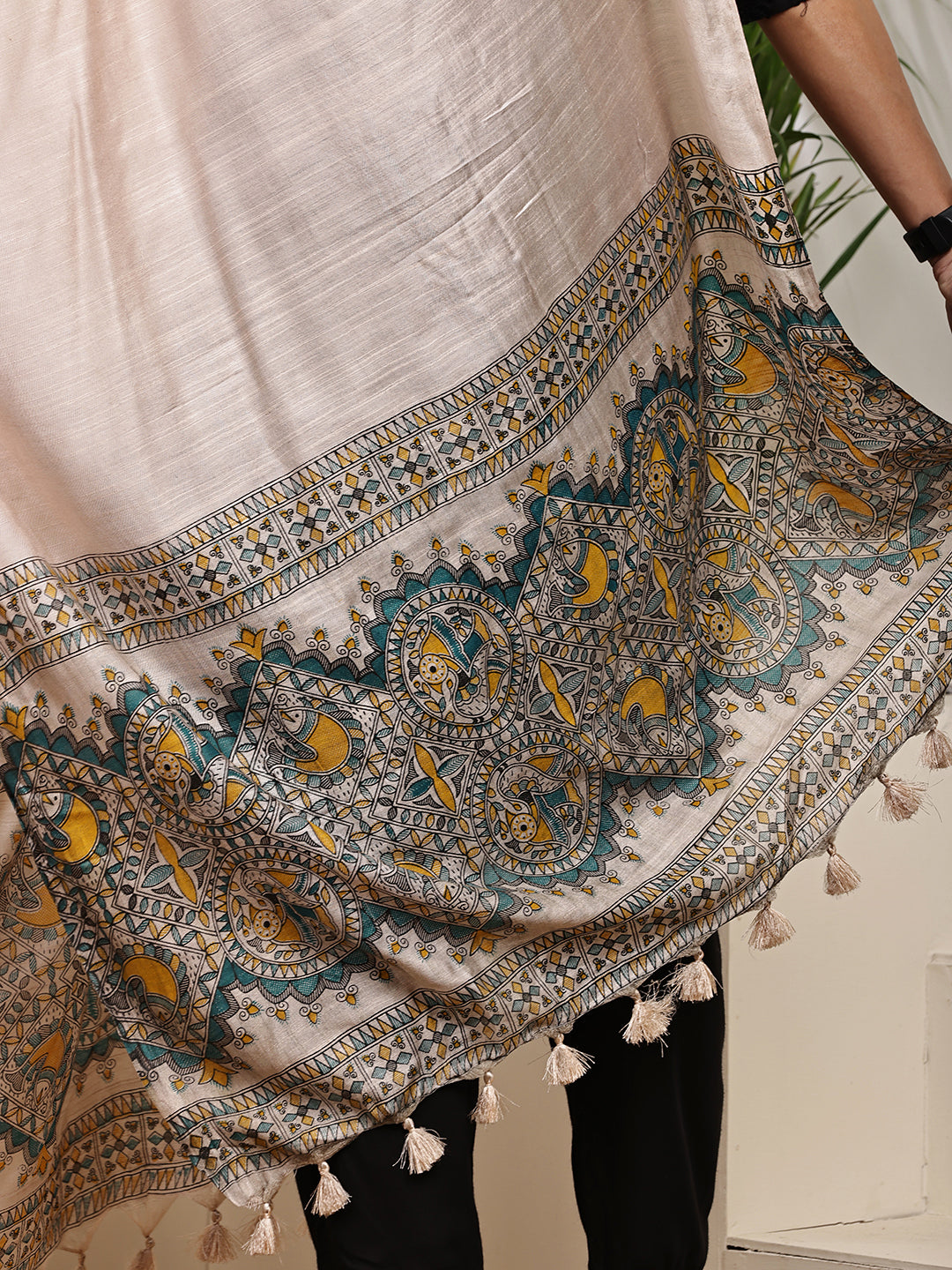 Dupatta-Bhagalpuri Katan - Madhubani Yellow+Blue Fish Pallu