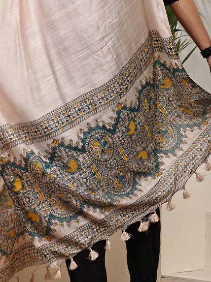 Dupatta-Bhagalpuri Katan - Madhubani Yellow+Blue Fish Pallu