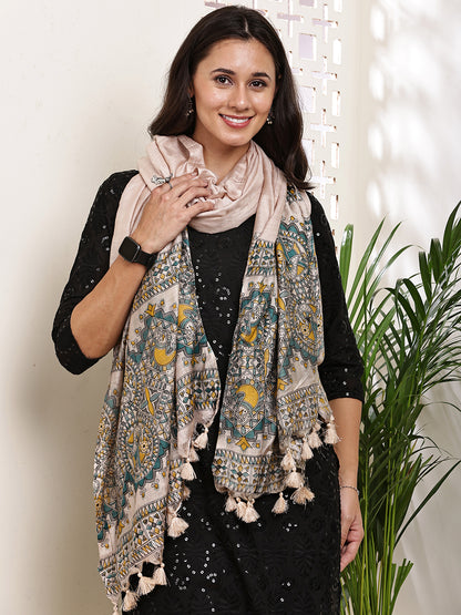 Dupatta-Bhagalpuri Katan - Madhubani Yellow+Blue Fish Pallu