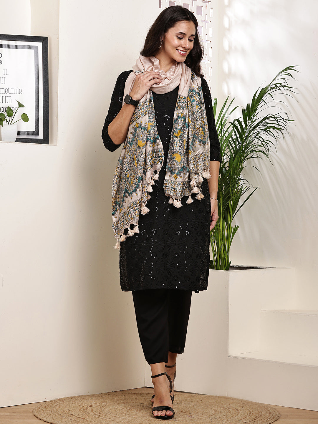 Dupatta-Bhagalpuri Katan - Madhubani Yellow+Blue Fish Pallu