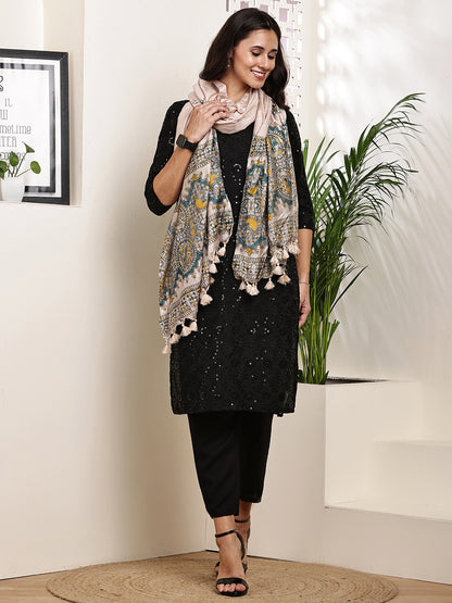 Dupatta-Bhagalpuri Katan - Madhubani Yellow+Blue Fish Pallu