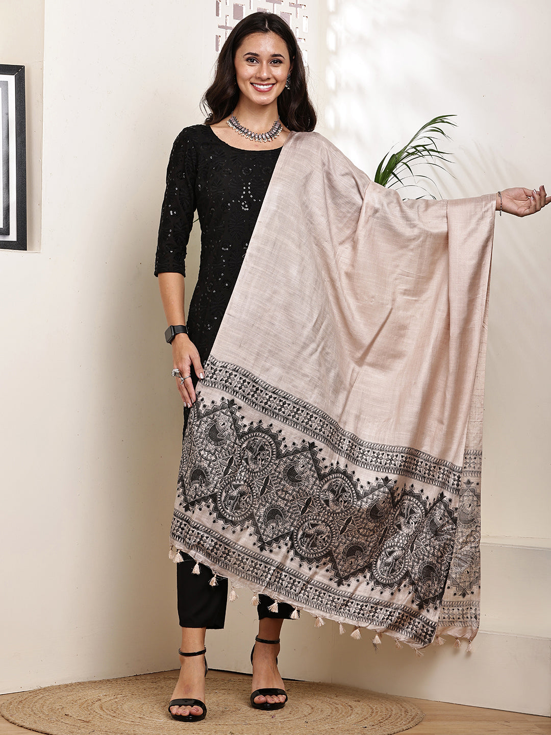 Dupatta-Bhagalpuri Katan - Madhubani Black Fish Pallu